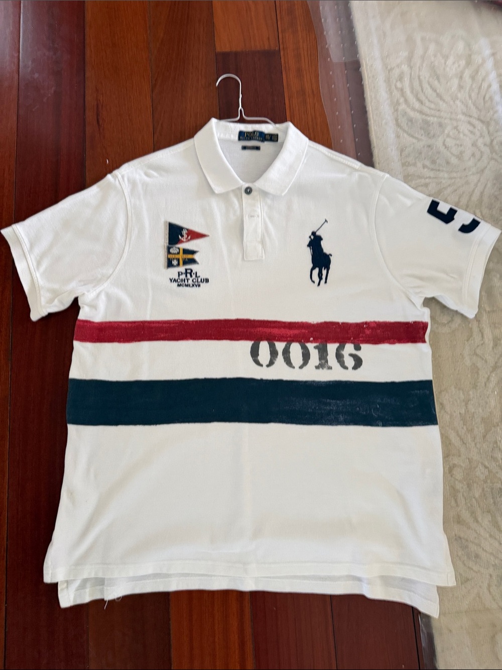 Ralph Lauren White Polo with Red and Navy Stripes and Embroidered Pony